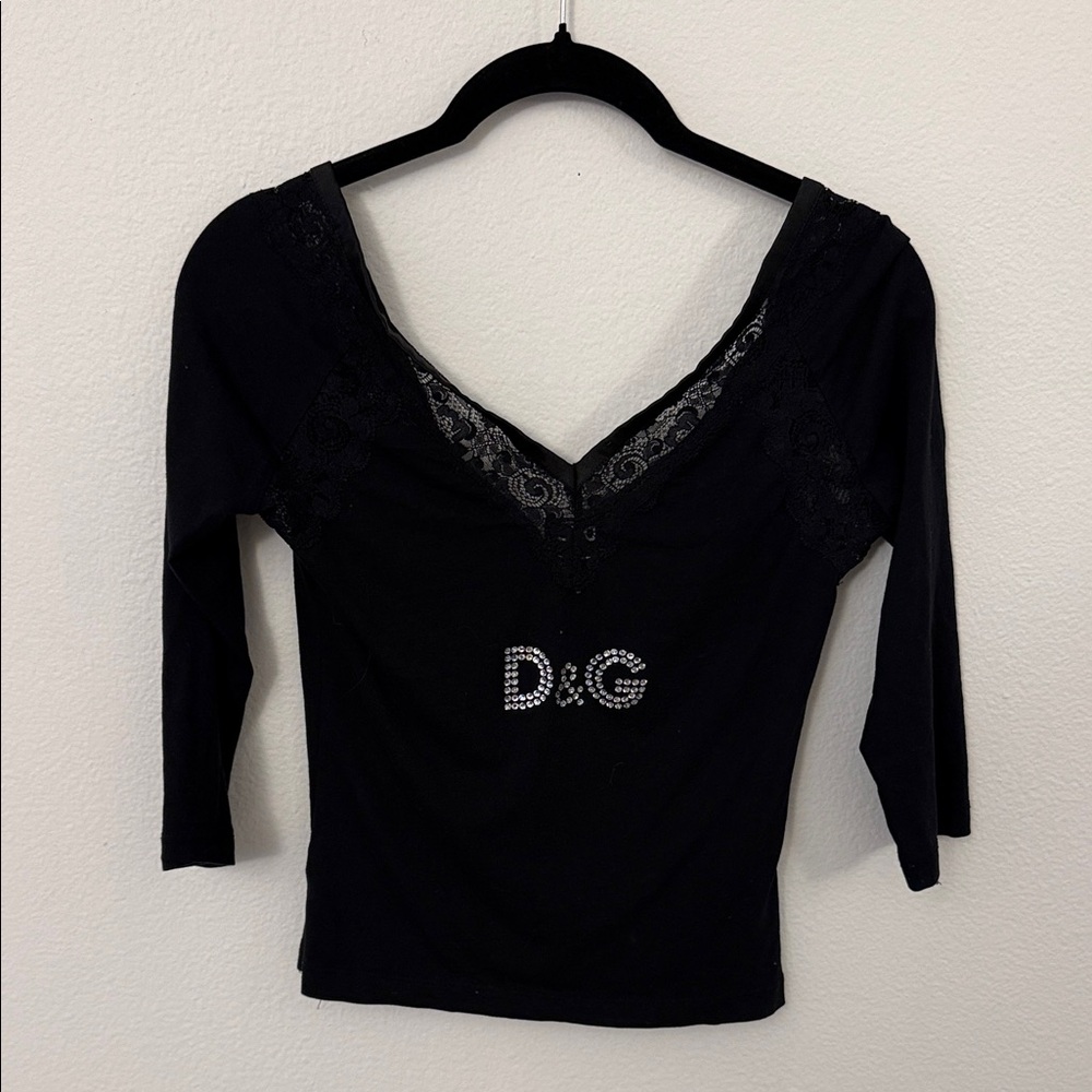 Vintage D&G Black V-Neck Top with Lace Detail